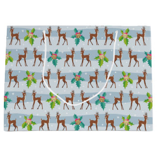 Sacola Para Presentes Grande Veado de Natal de inverno com Holly Retro Inspirad