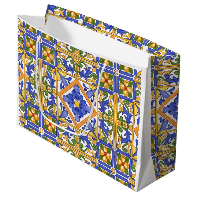 Sacola Para Presentes Grande Verão, azulejos portugueses, citrinos, limões   (Frente inclinada)