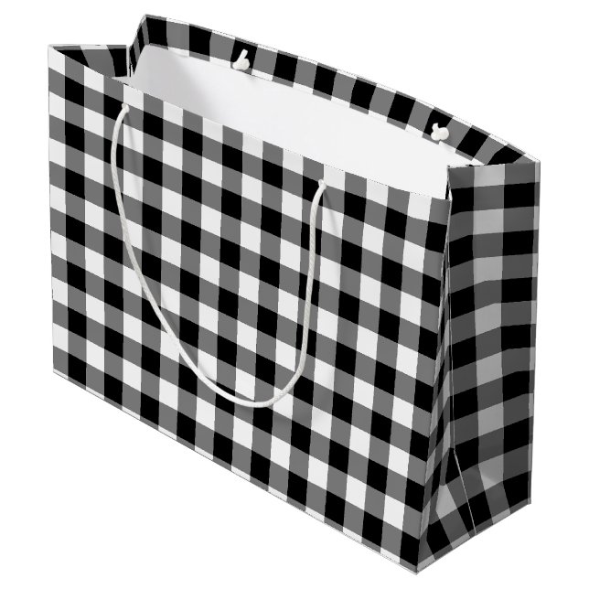 Sacola Para Presentes Grande Verificações de Gingham de tamanho grande preto e  (Verso inclinado)