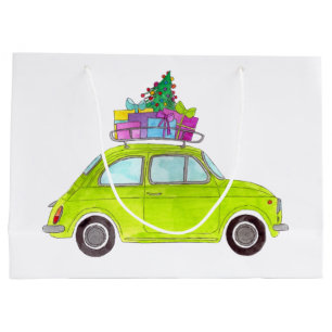 Sacola Para Presentes Grande Vertical Retro Fiat 500 com Gifts Watercolor