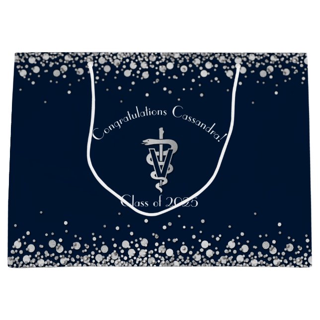 Sacola Para Presentes Grande Veterinarian Graduation Navy Blue Silver (Frente)