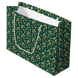 Sacola Para Presentes Grande Vibrant Green Pattern with Yellow Flowers & Leaves