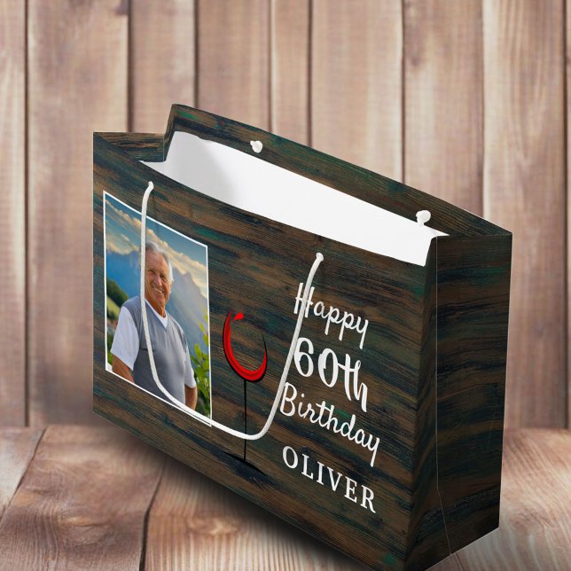Sacola Para Presentes Grande Vidro Rustic Wood Red Wine 60º Aniversário Foto (Criador carregado)