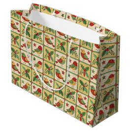 Sacola Para Presentes Grande Vintage Folk Art Christmas Birds & Holly Berry