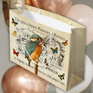 Sacola Para Presentes Grande Vintage Kingfisher & Butterflies Anúncio Francês