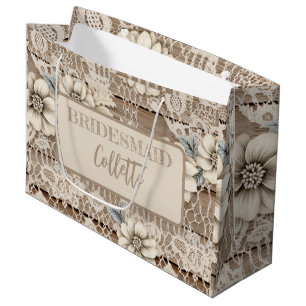Sacola Para Presentes Grande Vintage Lace em Bridesmaid/Flor Girl