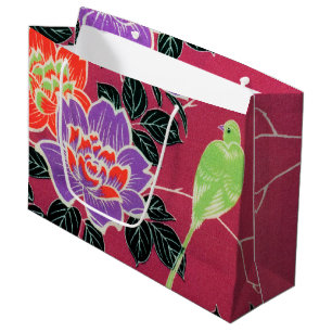 Sacola Para Presentes Grande Vintage, pássaro e flor japonês