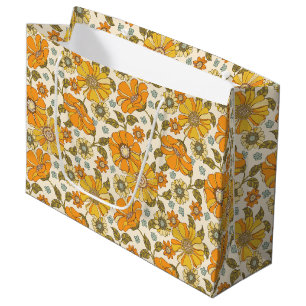 Sacola Para Presentes Grande Vintage Retro Orange Floral Patterno