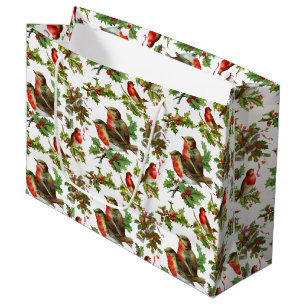 Sacola Para Presentes Grande Vintage Robin Bird Holly Berries Winter
