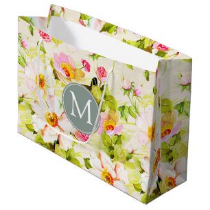Sacola Para Presentes Grande Vintage Rosas Florais Peonies Monograma L Presente