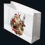 Sacola Para Presentes Grande Vintage Santa Claus e Reindeer Christmas<br><div class="desc">Saco de presentes com uma bela ilustração de Natal. Papai Noel em seu terno vermelho tradicional cavalgando uma rena grande e picada decorada com o Holly. Uma árvore de Natal nas costas.</div>