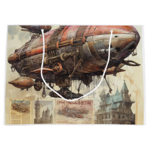Sacola Para Presentes Grande Vintage Steampunk Zeppelin (8) Papel Tecido