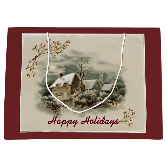 Sacola Para Presentes Grande Vintage Town No Inverno (Frente)