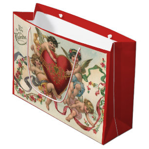 Sacola Para Presentes Grande Vintage Valentines, Anjos Vitorianos Querubins Cor