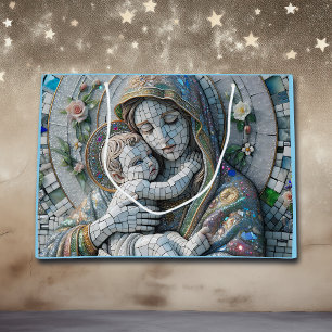 Sacola Para Presentes Grande Virgem Maria e Jesus Bebê Estátua do Mosaico