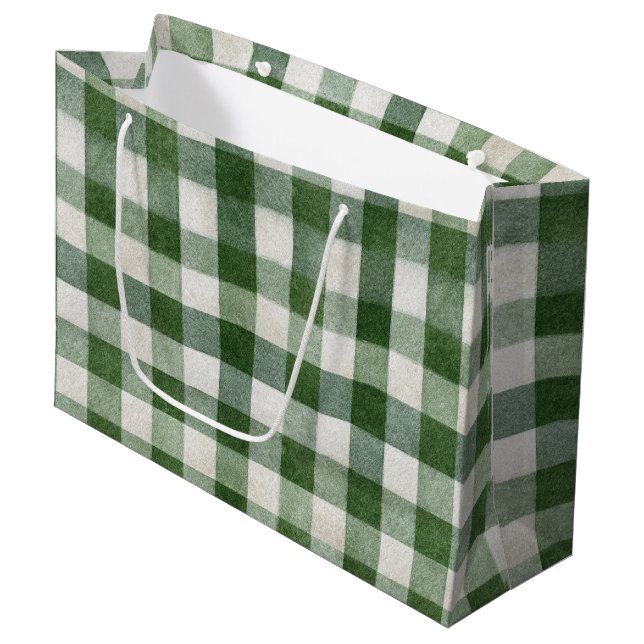 Sacola Para Presentes Grande Warm Cream Green Plaid Stripes Christmas (Frente inclinada)