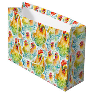 Sacola Para Presentes Grande Watercolor Chickens Colorida Birthday