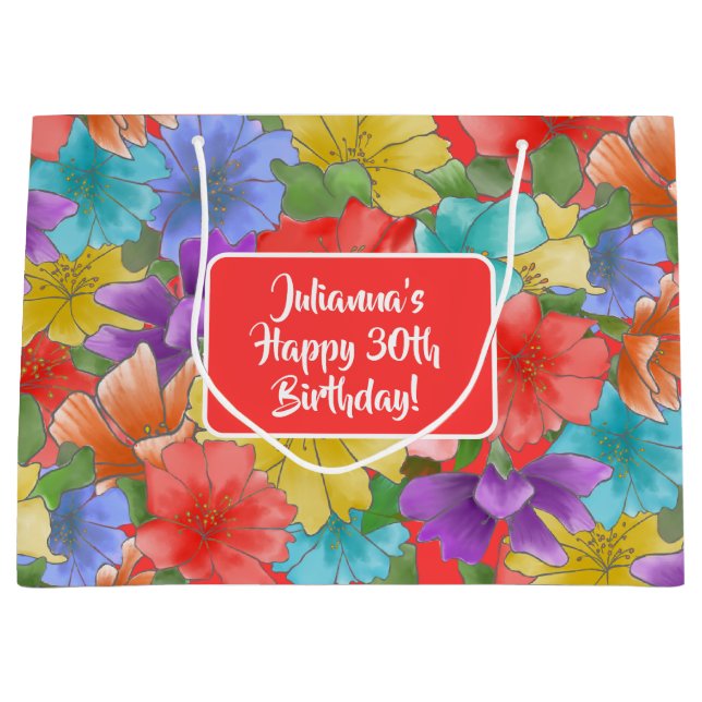 Sacola Para Presentes Grande Watercolor Floral 30th Birthday (Frente)