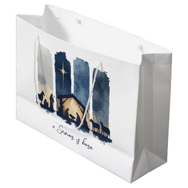 Sacola Para Presentes Grande Watercolor Nativity Scene Religious Christmas (Frente inclinada)