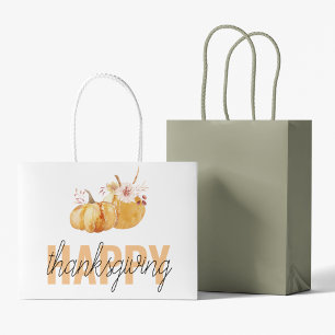 Sacola Para Presentes Grande Watercolor Pumpkins & Orange Happy Ação de Graças