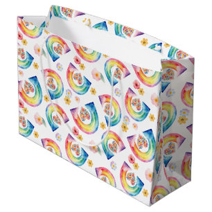 Sacola Para Presentes Grande Watercolor Rainbow Floral Heart Bag