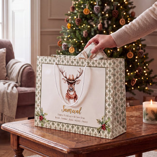 Sacola Para Presentes Grande Watercolor Whimsical Reindeer Holiday Gift Bag