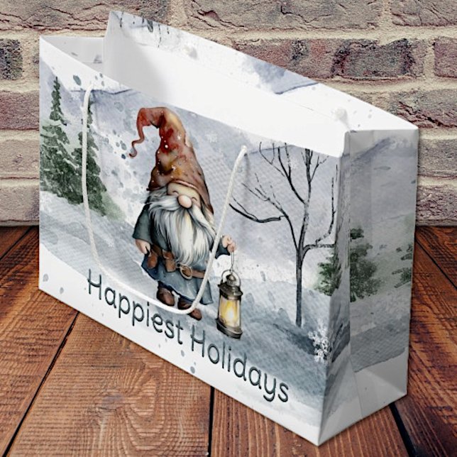Sacola Para Presentes Grande Watercolor Winter Christmas Gnomo (Watercolor Winter Christmas Gnome Gift Bag)