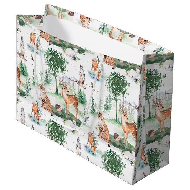 Sacola Para Presentes Grande Watercolor Woodland Baby Animal Patterno (Frente inclinada)