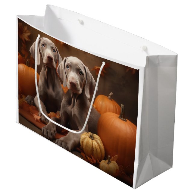 Sacola Para Presentes Grande Weimaraner Puppy Autumn Delight Pumpkin (Frente inclinada)