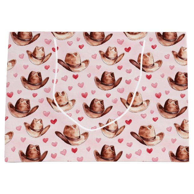 Sacola Para Presentes Grande Western Brown Pink Cowgirl Opa Corações Aniversári (Frente)