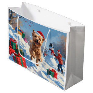 Sacola Para Presentes Grande Wheaten Terrier Correndo na Neve com Chapéu de Nat