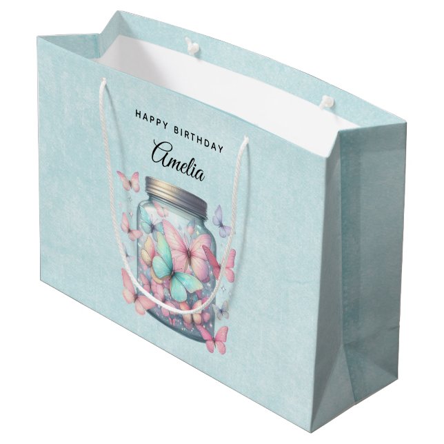 Sacola Para Presentes Grande Whimsical Butterflies in a Jar Birthday (Verso inclinado)
