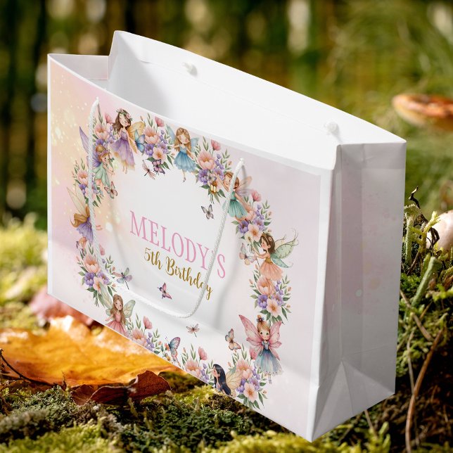 Sacola Para Presentes Grande Whimsical fairy garden 5th birthday  (Criador carregado)