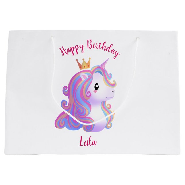 Sacola Para Presentes Grande Whimsical Unicorn Birthday (Frente)