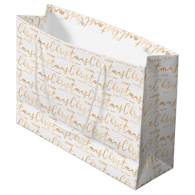 Sacola Para Presentes Grande White and Gold Merry Christmas Word Art (Frente inclinada)