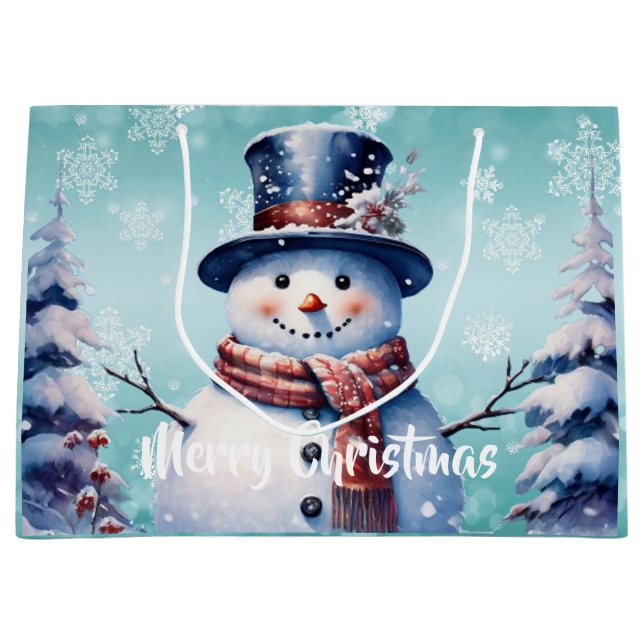 Sacola Para Presentes Grande Winter Forest Snowman Natal | Cerceta (Frente)