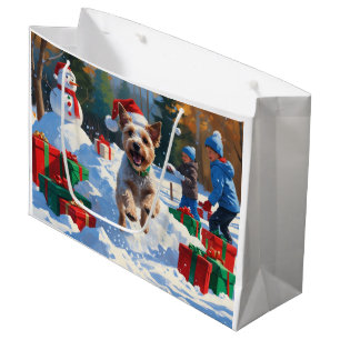 Sacola Para Presentes Grande Wire Fox Terrier Correndo na Neve com Chapéu de Na