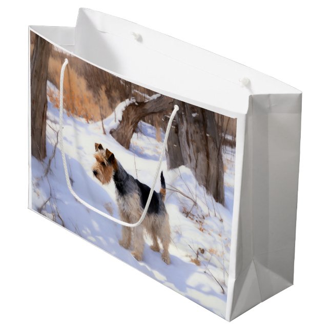 Sacola Para Presentes Grande Wire Fox Terrier Deixe Nevar Natal  (Frente inclinada)