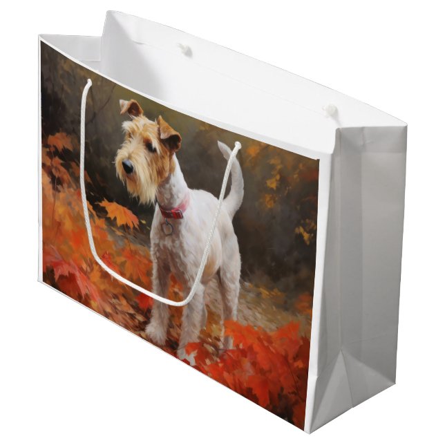 Sacola Para Presentes Grande Wirefox Terrier no outono deixa cair inspiração (Frente inclinada)