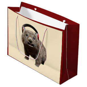 Sacola Para Presentes Grande Wombat engraçado com fones de ouvido Animal Legal