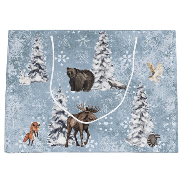 Sacola Para Presentes Grande Woodland Winter Moose Christmas Tree Floco La Neve (Frente)