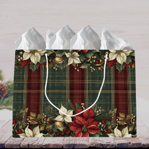 Sacola Para Presentes Grande Xadrez Clássica Elegante Poinsettias Vermelhas Hol