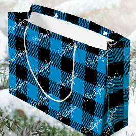 Sacola Para Presentes Grande Xadrez de Buffalo Azul Nome Personalizado Natal Ru