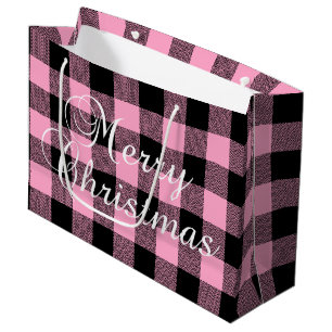 Sacola Para Presentes Grande Xadrez de Buffalo Preto Cor-de-Rosa, Feliz Natal
