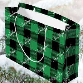 Sacola Para Presentes Grande Xadrez de Buffalo Verde Nome Personalizado Natal R