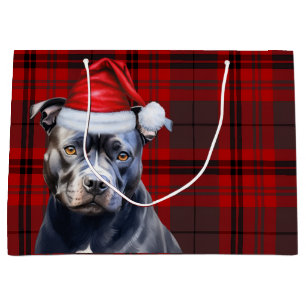 Sacola Para Presentes Grande Xadrez de Natal Cachorro Azul