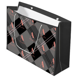 Sacola Para Presentes Grande Xadrez de Natal Cinza Personalizada Rosa Preto