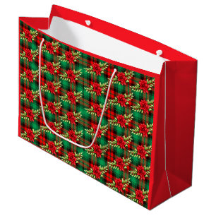 Sacola Para Presentes Grande Xadrez De Natal Poinsettias E Deixa Um Grande Pres