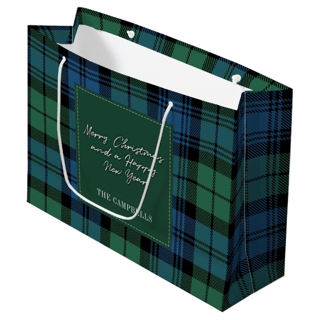 Sacola Para Presentes Grande Xadrez de Natal Tartan Clan Campbell Personalizada (Frente inclinada)