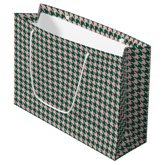 Sacola Para Presentes Grande Xadrez Houndstooth Natal Moderno Verde & Rosa  (Frente inclinada)
